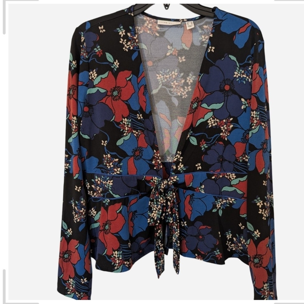 Susan Graver Black Floral Tie-Front Blouse with Blue and Red Accents